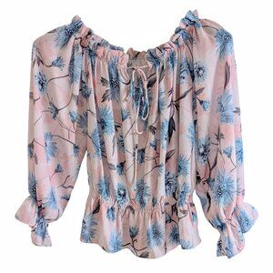 NWOT Boho M Off Shoulder Cinched Ruffle Sleeve Floral Blouse Pink Blue
